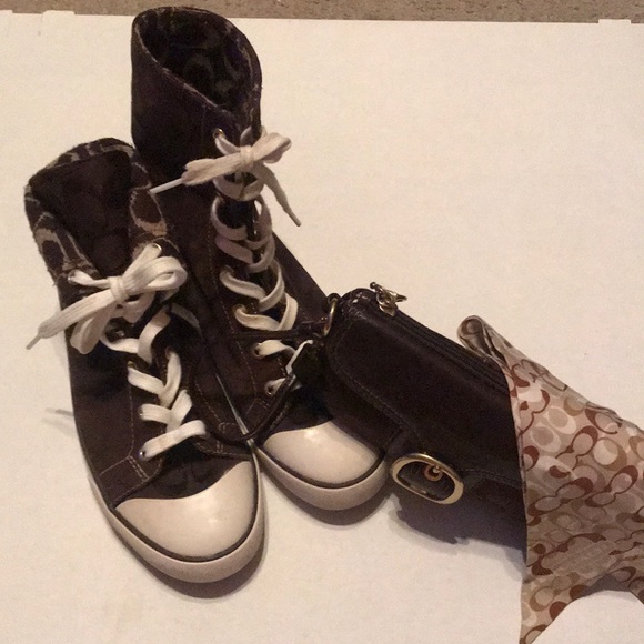 Coach Shoes - Brown leather ankle tennis shoes wristlet
